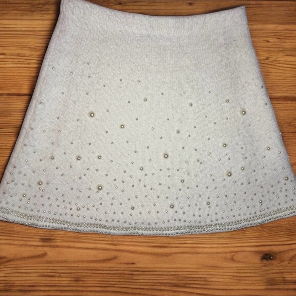 ZARA KNIT MINI SKIRT WITH PEARLS ivory preppy acadamia wool y2k neutral L NWOT